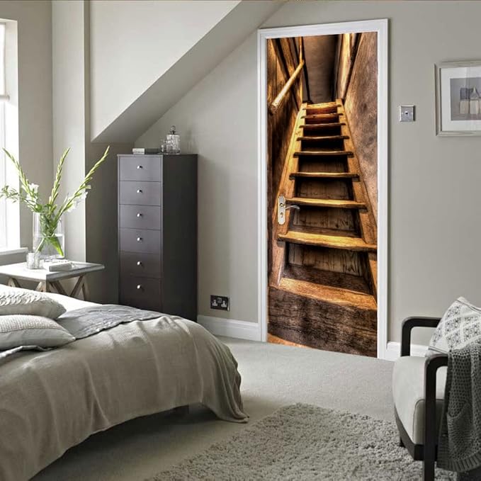 3D Door Stickers Murals Peel and Stick - Wooden Stairs - Door Wallpaper Self-Adhesive Door Decals Removable PVC Waterproof Door Poster for Bedroom Living Room Door 37.4" x 82.7"