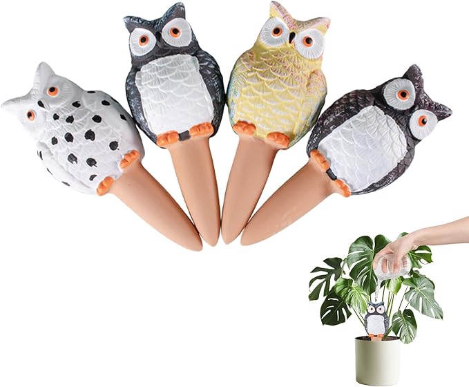 4-Pack Self-Watering Terracotta Spikes for Plants, Automatic Plant Watering Stakes, Keeps Plants Hydrated While You're Away, Ideal for Indoor & Outdoor Use (Owl Design)