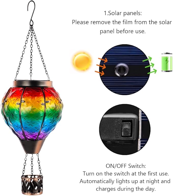 DREAMSOUL Rainbow Hot Air Balloon Solar Lantern, Metal & Glass With Flickering Flame, Hanging Waterproof Outdoor Lantern for Lawn, Patio, Tree Decor, Christmas Gifts