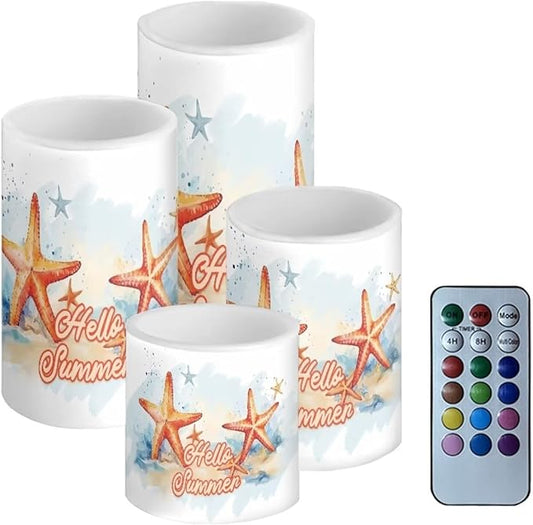 Flameless LED Candles Electric Candles with Remote Timer Control Color Changing Long Lasting Tealights Fake Candles Set of 4, Beach Themed Home Decoration, Starfish Hello Summer
