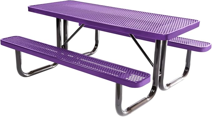 Coated Outdoor Furniture Heavy-Duty Portable Outdoor Picnic Table, Thermoplastic Coated Expanded Metal Commercial-Grade Patio Dining Furniture Made in America (6ft Rectangular, Purple)