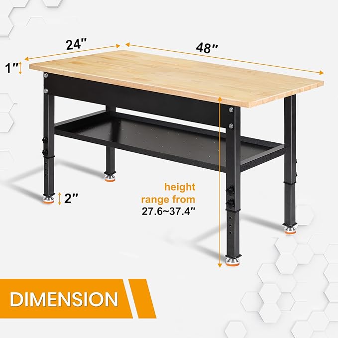 48"/60'' Adjustable Workbench, Rubber Wood Work Bench Heavy-Duty with Partition,2000 LBS Load Capacity Hardwood Work Table for Garage, Workshop, Home, Office, Easy Assembly (w/partition,48'')
