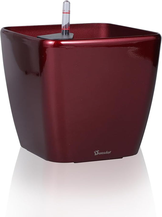 Dexceder 11x10 Self Watering Planter Indoor Outdoor, Inner Mat Design, Thickened Table Flower Plant Pot with Water Level Indicator (Red High Gloss)