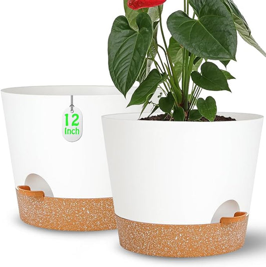 12+12Inch 2Pack Large Flower Pots for Indoor/Outdoor Plants,Self Watering Planters with Reservoir and Drainage Hole White Plastic Planting Pots Modern Home Decor Gift Idea