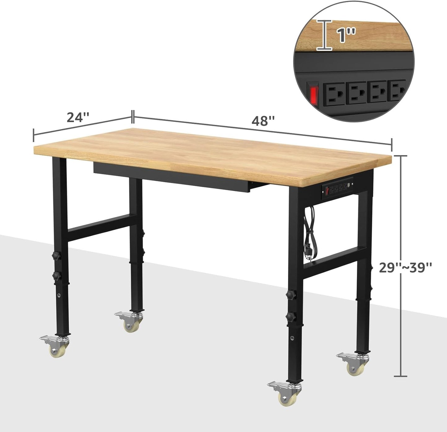 48" Adjustable Workbench,Heavy-Duty Work Table,3000 LBS Load Capacity Hardwood Workstation Outlets with Power Strips, Drawers and Wheels,for Workshop, Garage