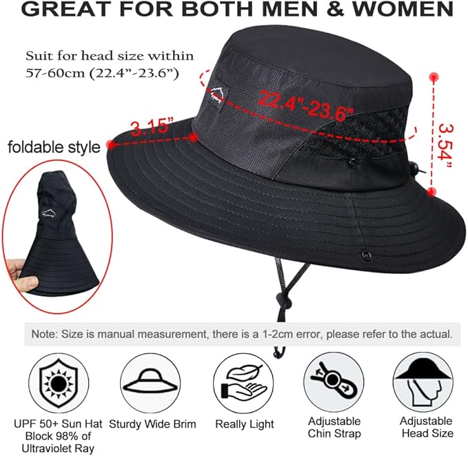 Fishing Hat, UPF50+ Wide Brim Sun Hat for Men Women, UV Protection Hiking Beach Bucket Hats Summer Safari Hat
