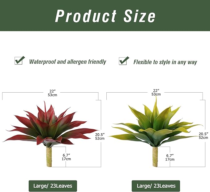 Artificial Agave Plants,Large UV Resistant Fake Agave Planters for Indoor and Outdoor Decorating Tropical Plant Succulents Greenery Indoor Decor (2Pack,22" Red)