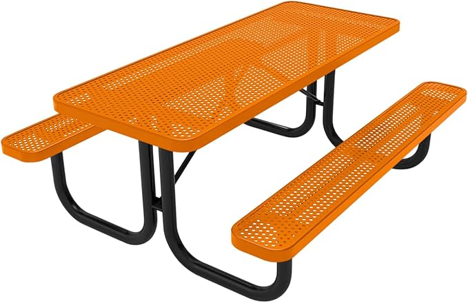 Coated Outdoor Furniture Heavy-Duty Portable Outdoor Picnic Table, Thermoplastic Coated Punched Steel Commercial-Grade Patio Dining Furniture Made in America (6ft Rectangular, Textured Orange)