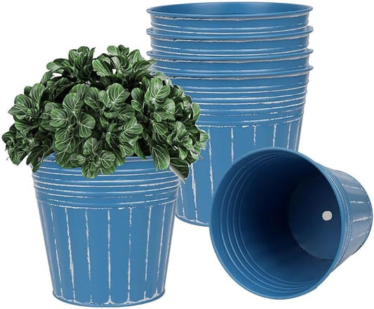 vensovo 5 Inches Blue Metal Rustic Flower Pots - 6 Pcs Small Galvanized Planters with Drainage Hole and Rubber Plug, Rustproof Tin Bucket Plant Pot Farmhouse Vintage Style for Decor