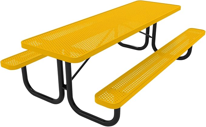 Coated Outdoor Furniture Heavy-Duty Portable Outdoor Picnic Table, Thermoplastic Coated Punched Steel Commercial-Grade Patio Dining Furniture Made in America (8ft Rectangular, Yellow)