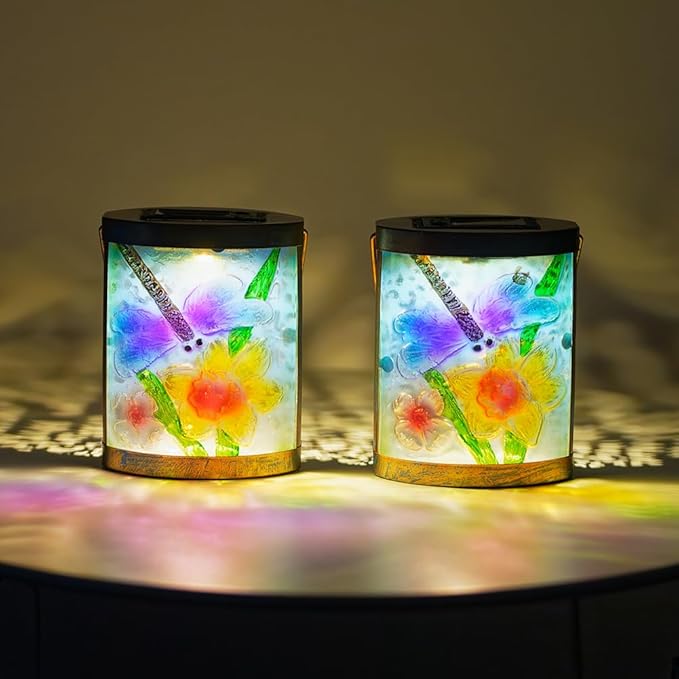 2 Pack Dragonfly Hanging Solar Lanterns Outdoor Waterproof Decorative Glass LED Solar Lantern for Tabletop Garden Patio Decor