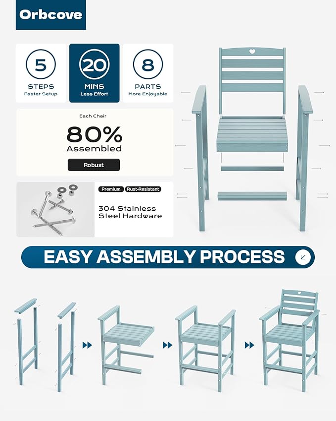 5-Piece Bar Height Outdoor Table and Chairs Set, HDPE Wood Grain Patio Bar Table and Chairs with Heart Cutout Design, Weather-Resistant Bar Height Furniture for Deck, Porch, Pool (Light Blue)