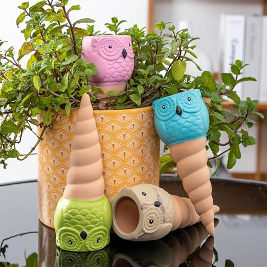 4 Pack Plant Watering Devices, Owl Shape Terracotta Watering Spikes, Vacation Self Watering Planter Insert, Automatic Plant Waterer for Indoor Outdoor Plants