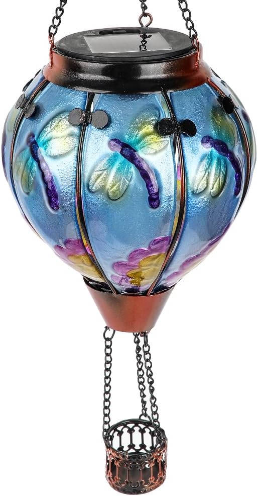 Hot Air Balloon Solar Lantern with Flickering Flame, Glass Hanging Garden Lights Outdoor Waterproof for Tree Yard Patio Mother's Day Gift, 18" H Dragonfly