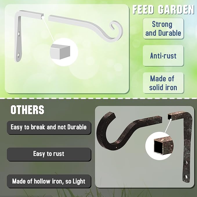 FEED GARDEN Hanging Plant Bracket 10 Inch 2 Pack, Hand-Forged Plant Hanger for Hanging Bird Feeders, Wind Chimes, Flower Baskets, Lanterns, Indoor/Outdoor Use, White