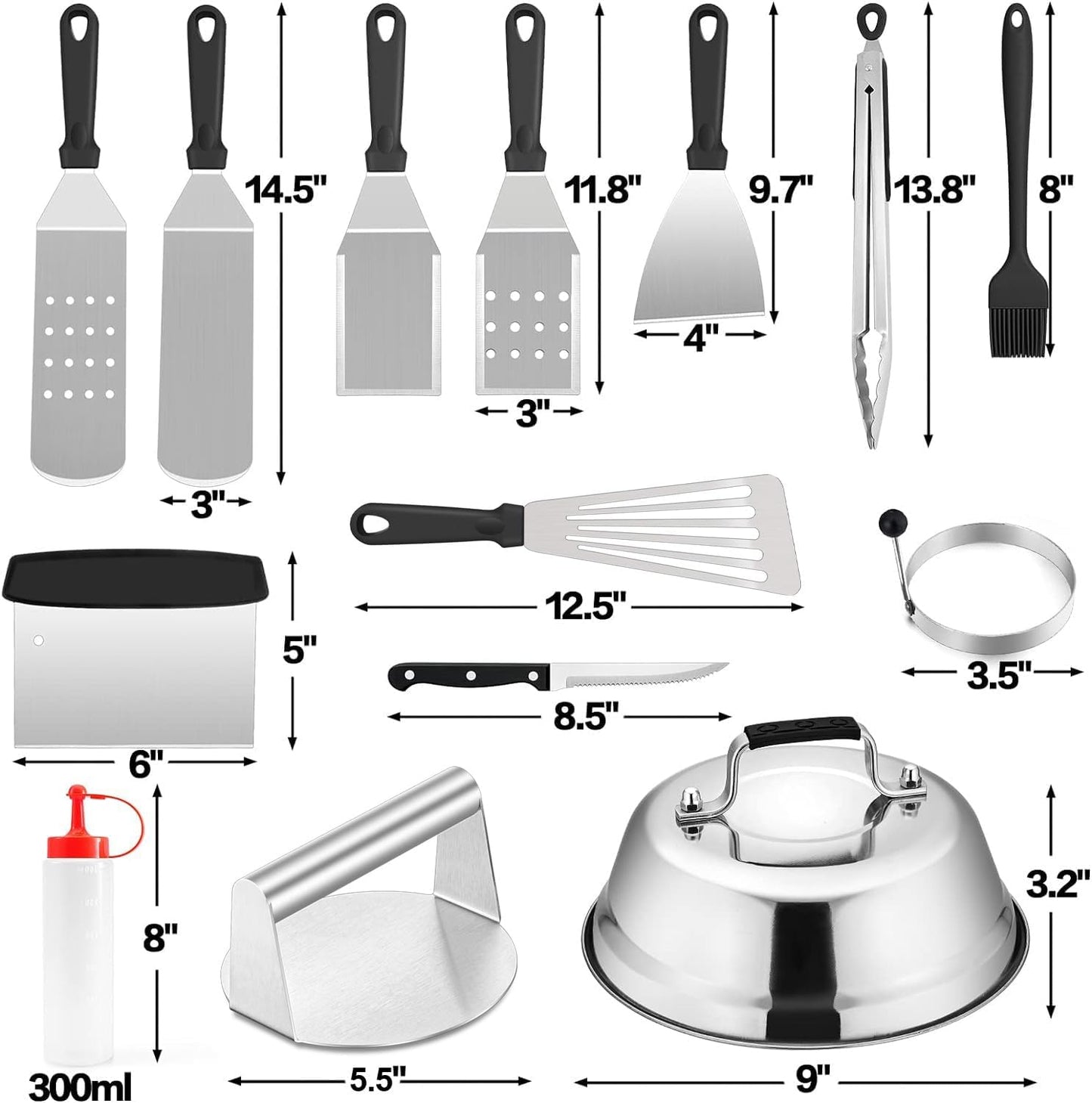 Griddle Accessories Kit of 20, HaSteeL Heavy Duty Metal Spatula Set, Stainless Steel Teppanyaki Tools for Flat Top, Barbecue Grilling Indoor & Outdoor, Melting Dome, Burger Turner, Dishwasher Safe