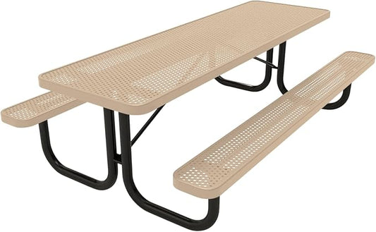 Coated Outdoor Furniture Heavy-Duty Portable Outdoor Picnic Table, Thermoplastic Coated Punched Steel Commercial-Grade Patio Dining Furniture Made in America (8ft Rectangular, Tan)
