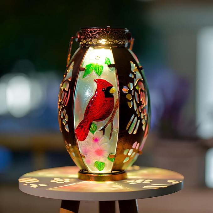 Starsoul 2 PC Cardinal Outdoor Solar Lantern Cardinal Solar Light Waterproof Tabletop Lamp with Hollowed-Out Design for Yard Patio Garden Pathway