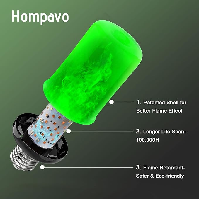 Hompavo 【Upgraded】 LED Flame Light Bulbs, Green Flickering Light Bulbs with Upside Down Effect, E26 Flame Bulb for Home Halloween St. Patrick's Day Christmas Decorations Indoor & Outdoor, 2 Pack