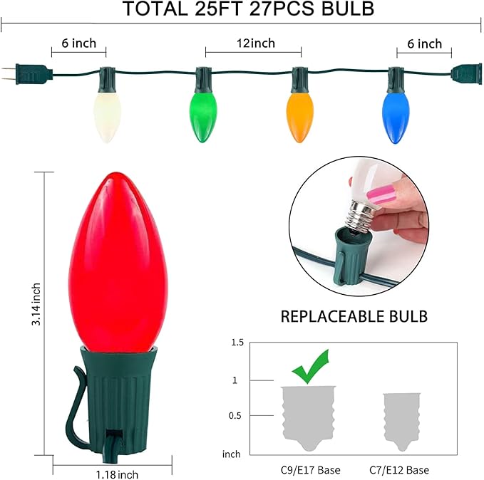 25Ft Outdoor Multicolor Ceramic Christmas String Lights,C9 Vintage Opaque Christmas String Lights for Patio Garden Christmas Tree Decoration,C9/ E17 Candelabra Base, Green Wire