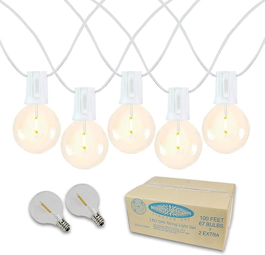 Novelty Lights 100 Feet G40 LED Patio String Lights with 67 Bulbs, Warm White, Weather Resistant and Shatterproof Replaceable Plastic Globe Bulbs, White Wire