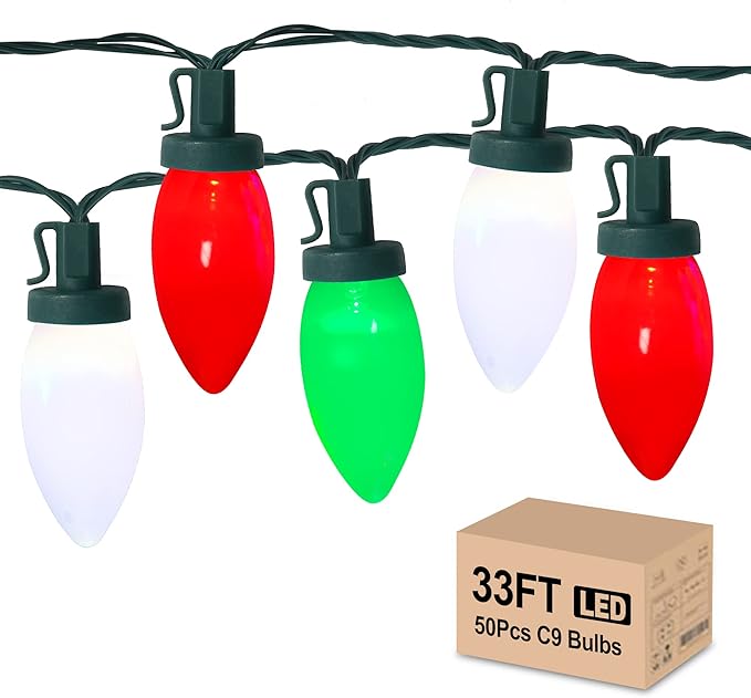 HAYATA C9 Bulbs Christmas Lights 50 LED 36ft Strawberry String Light Red&White&Green - Fairy Lighting for Outdoor, Indoor, Garden, Yard, Party, Home, Wreath, Garland, Christmas Tree Decorations