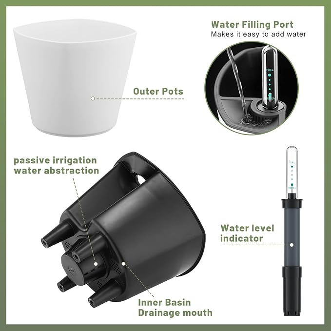 7 inch Plant Pots 3-Pack, Self Watering Flower Pots Indoor Outdoor, African Violet Pots Planters with Drainage Hole Saucer Reservoir, White