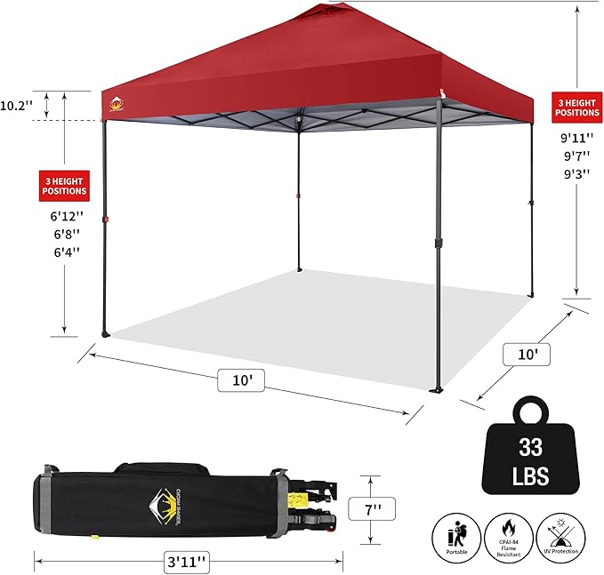 CROWN SHADES 10x10 Pop Up Canopy Tent - Patented Center Lock One Push Instant Outdoor Canopy Beach Tent with STO-N-Go Bag 8 Stakes & 4 Sand Bags，Red