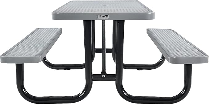 Global Industrial 8’L Rectangular Picnic Table, Expanded Metal, Gray Thermoplastic Coating, Attached Benches, 1-1/2” Umbrella Pole Hole, Outdoor-Rated, 1000 lb Capacity, 96” x 30” Tabletop