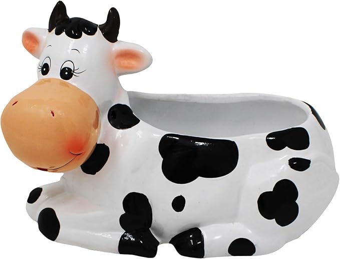 Cow Planter Pot - Cow Print Party Decoration Supplies - Garden Backyard Cow Stuff Statue - Flower Ceramic Succulent Planter - Plantador de Vacas - Large 9" with Drain