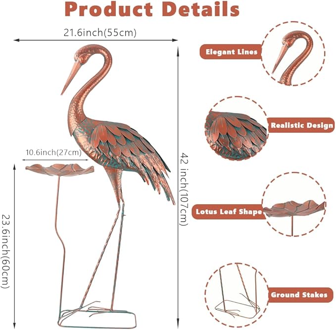 42'' Crane Garden Statue, Heron Outdoor Statue & Sculpture with Lotus Leaf, Metal Heron Yard Art Decor for Garden, Yard, Lawn, Pond (Brown & Blue)