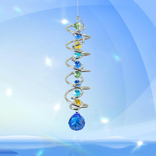 FONMY Gazing Ball Spiral Tail -Decorative Wind Spinner Sun Catcher Rainbow Maker Double-Spiral W/Sea Blue Crystal Ball and Chain Crystals for Indoor Outdoor Garden Decoration -14 inch Height