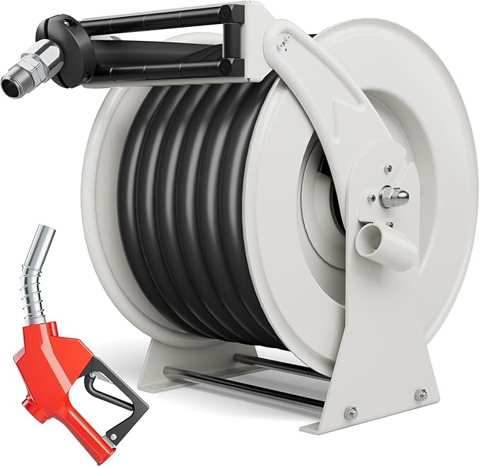 Diesel Fuel Hose Reel 1" x 50FT 300PSI Retractable Fuel Hose Reel Heavy-Duty Steel Ratchet Spring Driven Professional Diesel Hose Reel Auto Swivel Rewind with Fuel Nozzle for Vehicle Tank Truck Ship