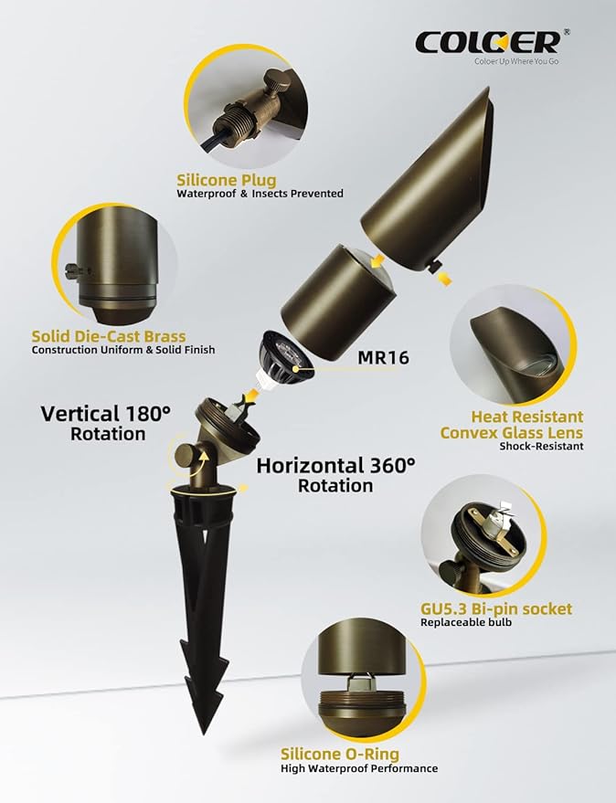 COLOER Brass Landscape Spotlights, 10 Pack Spotlight Fixture Outdoor with 5W Aluminum Housing MR16 LED Bulb 2700K 450LM, 12V AC/DC Low Voltage Landscape Lighting, Uplight for Garden and Patio(103B)