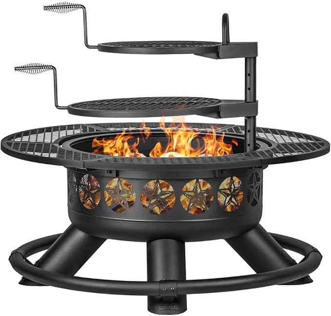 47 Inch Outdoor Fire Pit with 2 Grills, Extra Large BBQ Firepits for Outside, Metal Round Fire pits with Lid&Fire Poker,3 in 1 Wood Burning Outdoor Fireplaces for Backyard,Patio,Bonfire