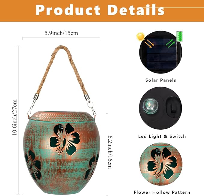 2 Pack Solar Lanterns Outdoor Hanging, Metal Table Solar Lanterns Outdoor Waterproof with Handle, LED Solar Lantern for Patio Lawn Tabletop Decor Christmas Gifts