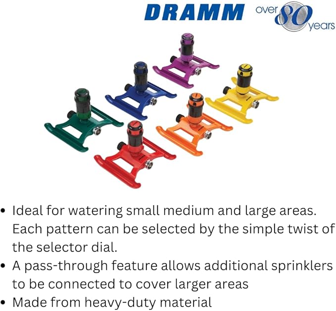 Dramm ColorStorm Gear Drive Sprinkler on Heavy Duty,Durable Metal Base, 4 Patterns, Ideal for Small, Medium & Large Areas with Pass Through Feature, Green, 40 Foot Diameter