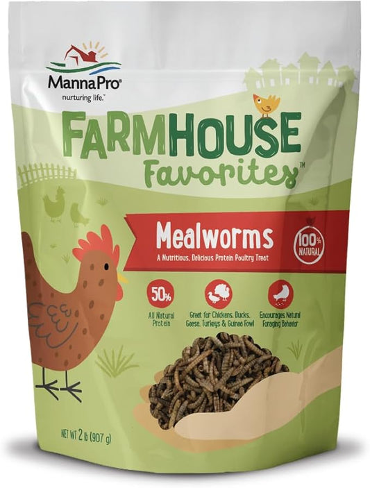 Manna Pro Farmhouse Favorites Mealworms Poultry Treat - Protein Treat for Chicken - Poultry, Turkey, Ducks, Geese, and Guinea Fowl Treat - Contains 50% Protein - 100% Natural Poultry Snack - 2lbs