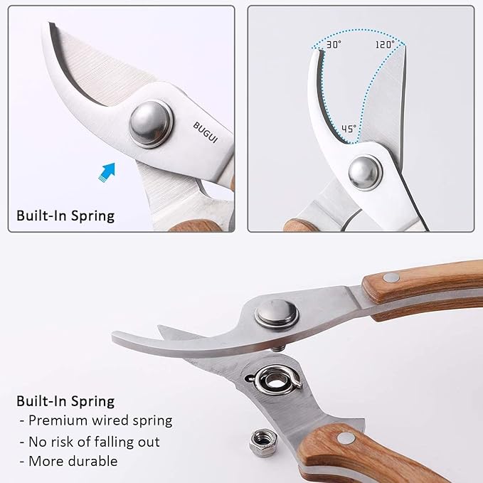 BUGUI 8” Wood Handle Garden Scissors, Set of 2, Includes Bypass Pruning Shears and Long Straight Tip Clippers, Premium Gardening Tools with Precision-Ground SK-5 Steel Blade