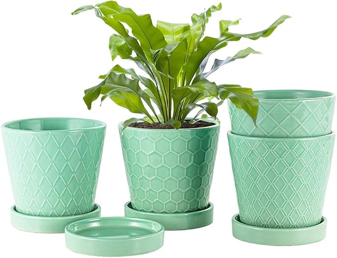 EFISPSS Flower Planter –5 inch Ceramic Plant Pots with Drainage Holes and Ceramic Tray - Gardening Home Desktop Office Windowsill Decoration Gift Set of 4 - Plants NOT Included