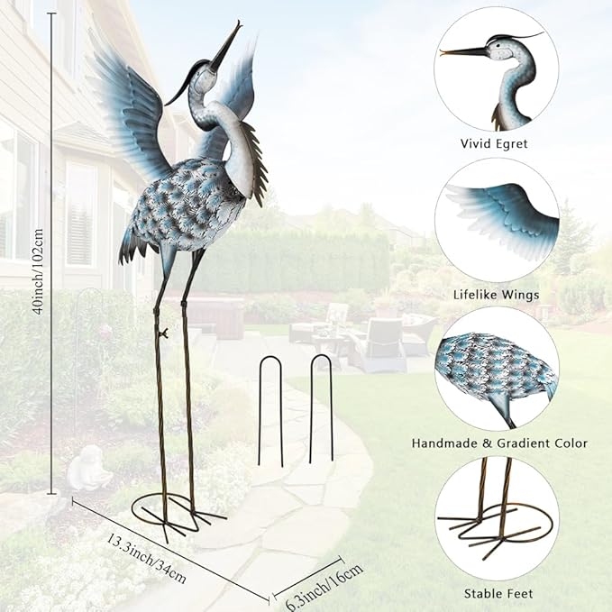 DREAMSOUL 40" Large Blue Heron Garden Statues Metal Crane Outdoor Statues Yard Art, Bird Statue for Backyard Lawn Patio Outside Decor
