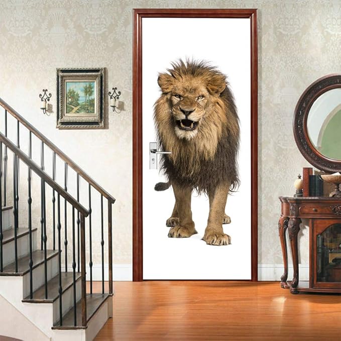 3D Peel and Stick Murals - Lion - Wallpaper Self-Adhesive Decals - Removable PVC Waterproof Door Poster for Bedroom Living Room Decoration - 30.3 x 78.7 inch