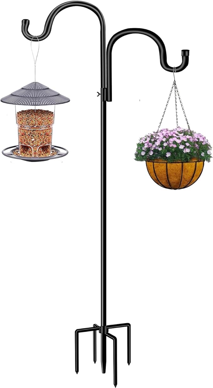 Double Shepherds Hook for Outdoor,78 Inch Bird Feeder Pole with 5 Prongs Base,Adjustable Heavy Duty Garden Hanging Holder for Hanging Plant,Solar Light,Weddings Decor,Hummingbird Feeder（1 Pack）