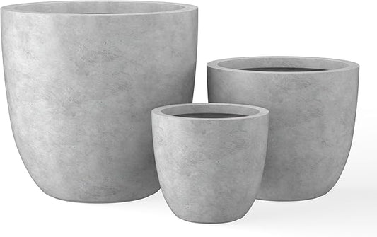 Kante 18",14",10" Dia Concrete Round Planters (Set of 3), Outdoor Indoor Large Planter Pots with Drainage Hole and Rubber Plug for Home Patio Garden, Natural Concrete