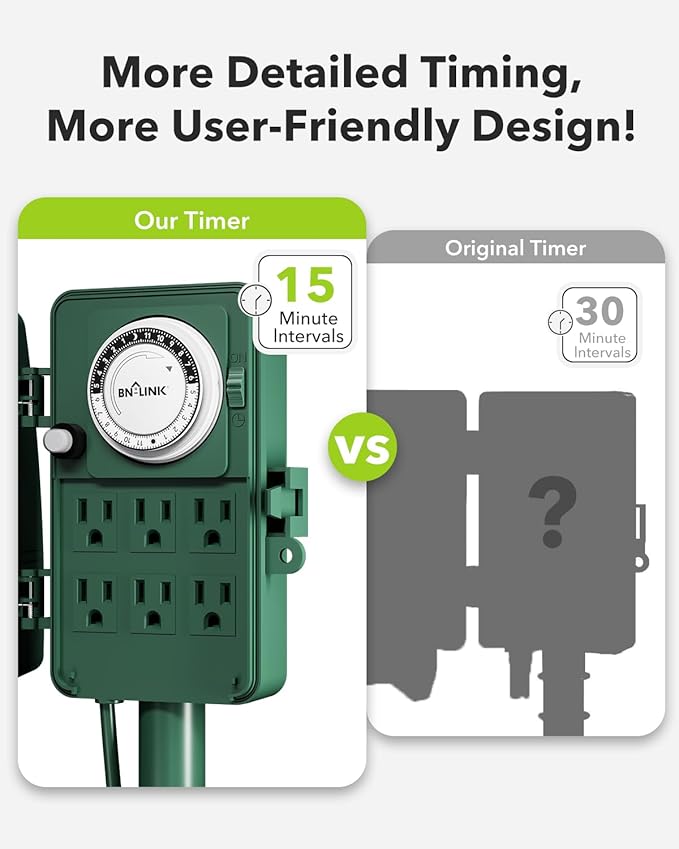 BN-LINK 24 Hour Mechanical Outdoor Multi Socket 6 Outlet Garden Power Stake with 6ft Cords, Outdoor Timer for Christmas Lights, ETL Listed, 125V, 15A/1875W