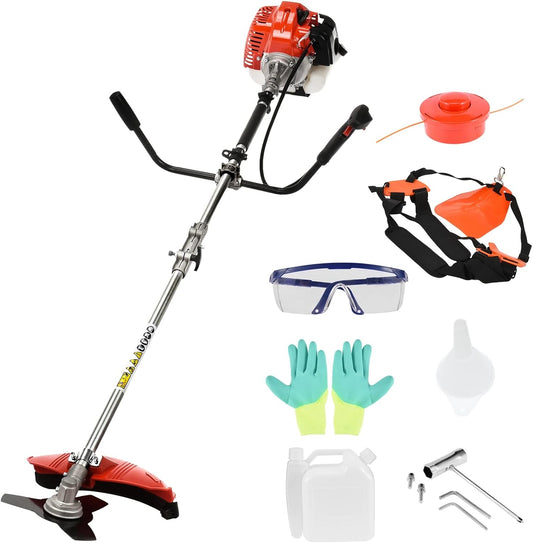 52cc Gas Grass Trimmer, 2 in 1 Petrol Weed Eater, 2-Stroke Weed Whacker Cordless, Backpack Brush Trimmer Garden Tools Red