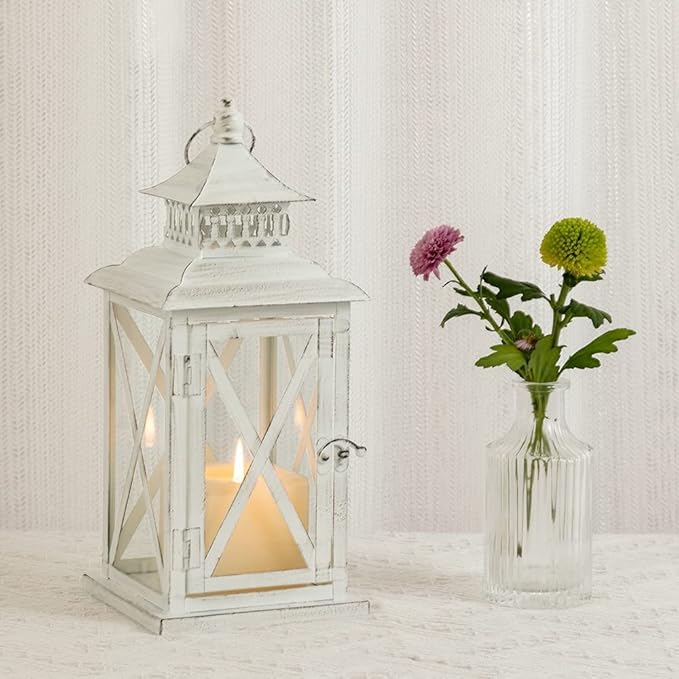 DECORKEY Lantern Decorative Indoor & Outdoor, Large Square Hanging Spring Home Decor, Vintage Metal Decorative Candle Lanterns for Outdoor Patio Wedding Party White with Black Brush