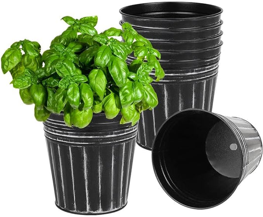 vensovo 6 Inch Black Metal Rustic Flower Pots - 6Pcs Galvanized Planters with Drainage Hole and Rubber Plug, Rustproof Metal Bucket Plant Pots Farmhouse Vintage Style for Decor