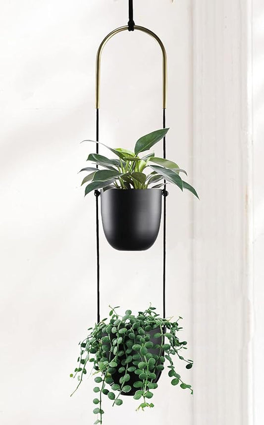 Modern Metal Hanging Planter for Indoor Outdoor Plants with Hook 2 Tier Boho Wall and Ceiling Flower Pots Baskets Holder Home Office Decor(Black)
