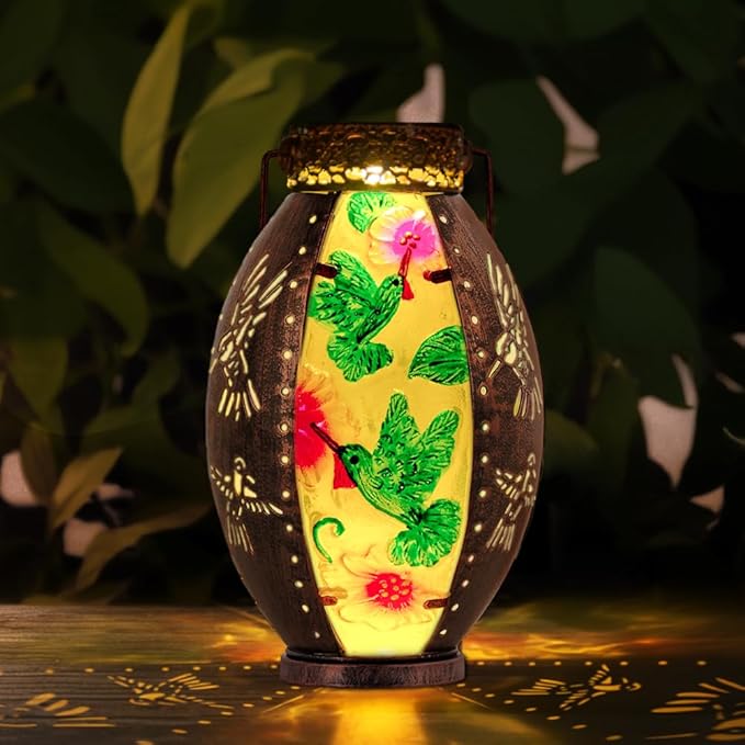 Starsoul Hummingbird Solar Lantern Stained Glass & Metal Outdoor Lantern Waterproof Hummingbird Hanging Metal Decorative Lights for Patio Table Garden Pathway Yard